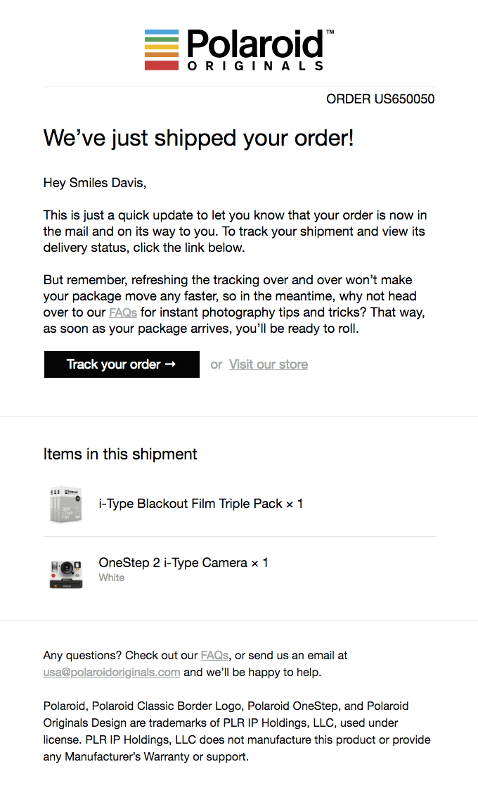 A Shipment from Order US650050 is on the way