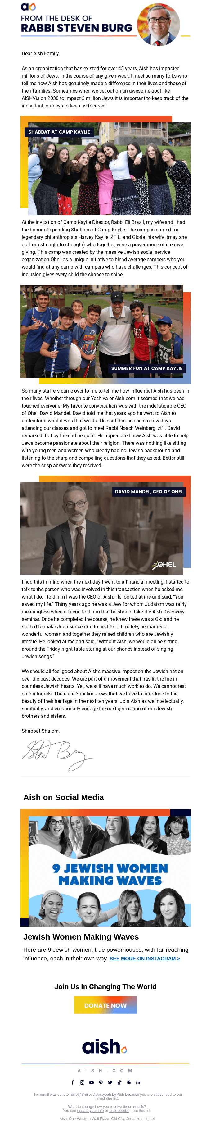A Special Shabbos at Camp Kaylie - From the Desk of Rabbi Steven Burg - CEO of Aish Global