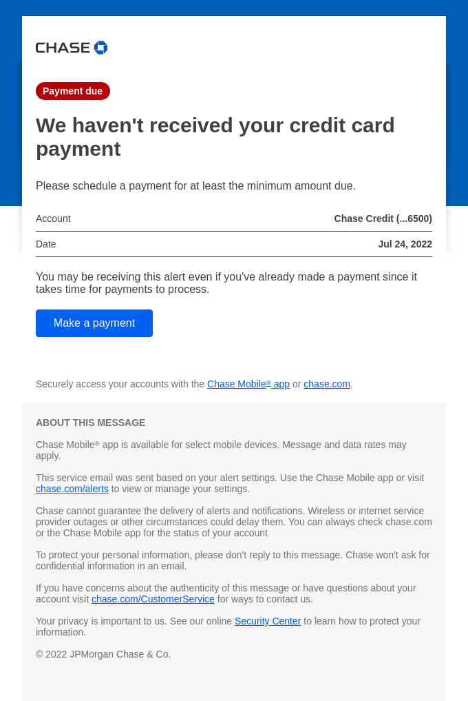 Action Required – We haven't received your credit card payment