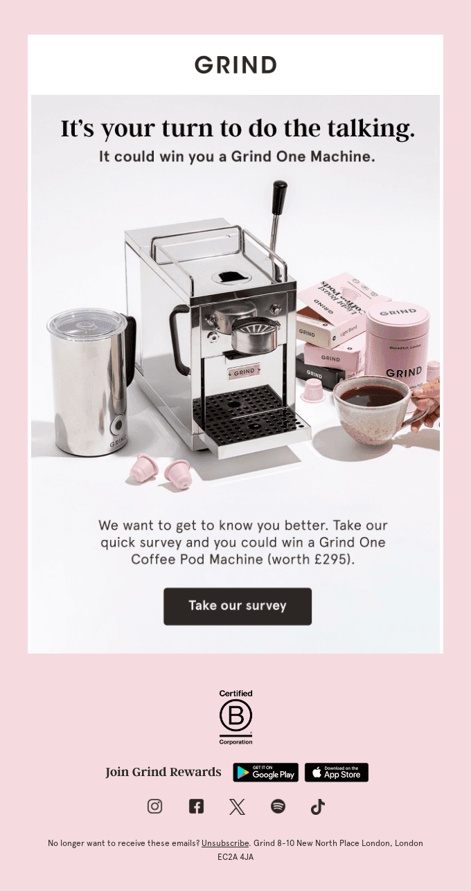 Answer a five-minute survey, win a Coffee Machine.