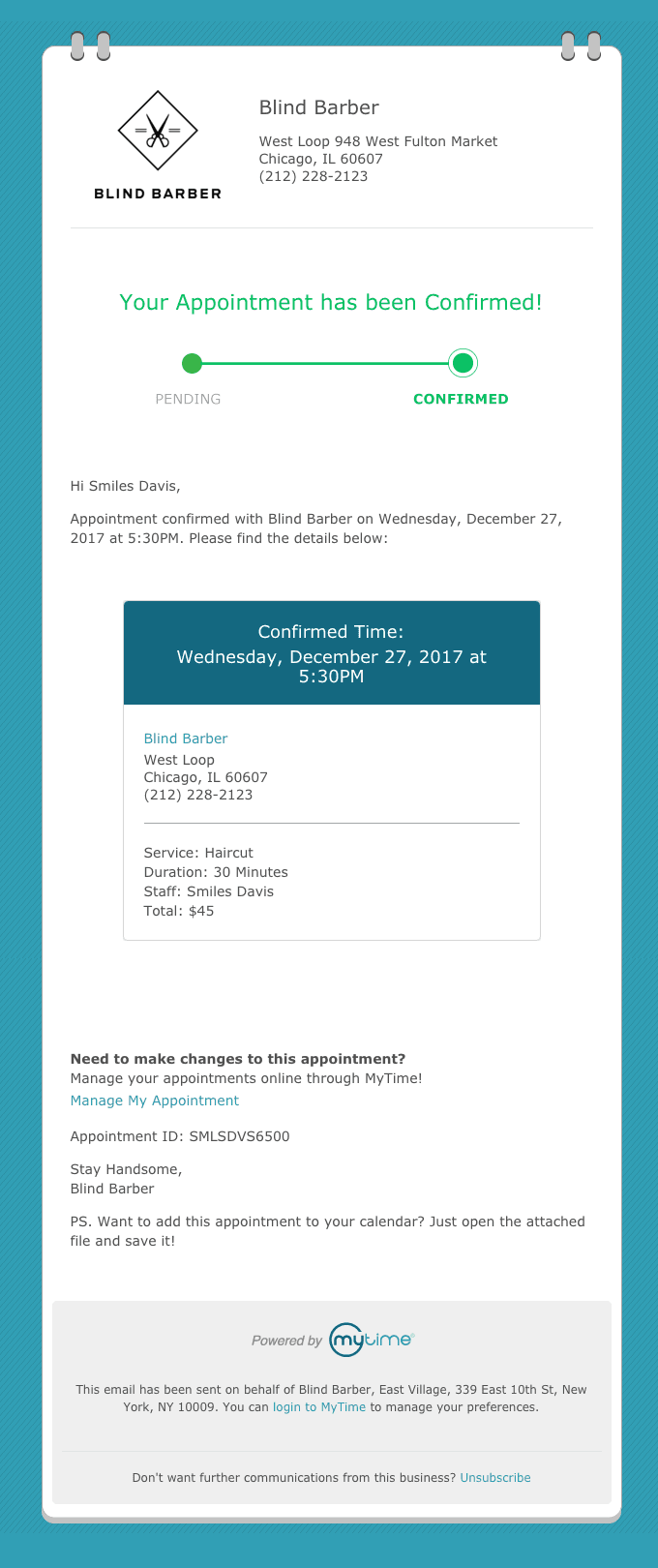 Appointment Confirmation: Haircut at Blind Barber