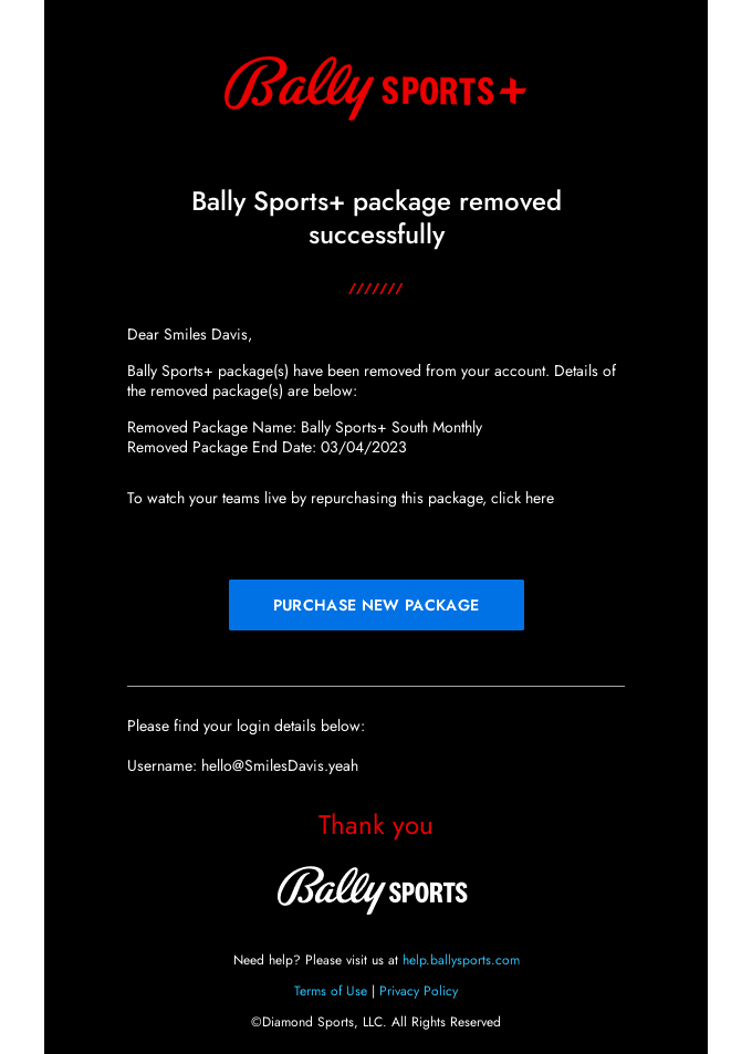 Bally Sports+ package removed successfully