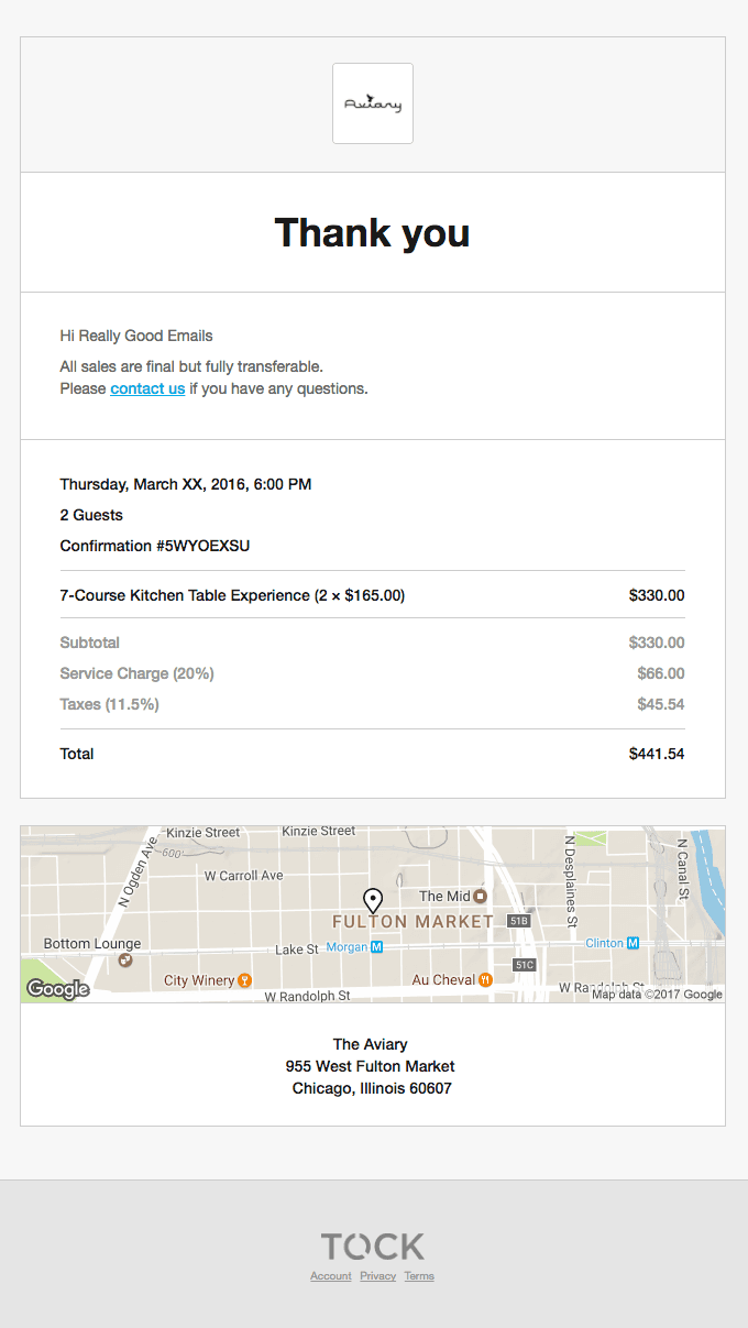 Booking Confirmation for Thursday, March XX, 2016, 6:00 PM