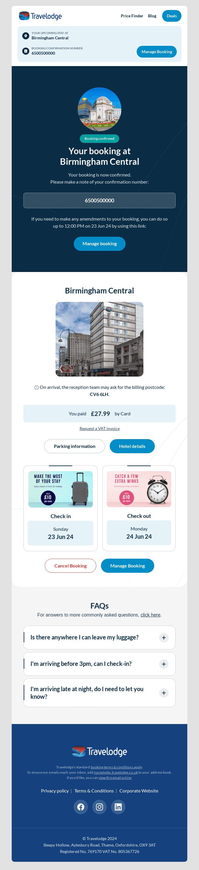 Booking Confirmed: Birmingham Central on 23 Jun 24 (#6500500000) - manage your booking online