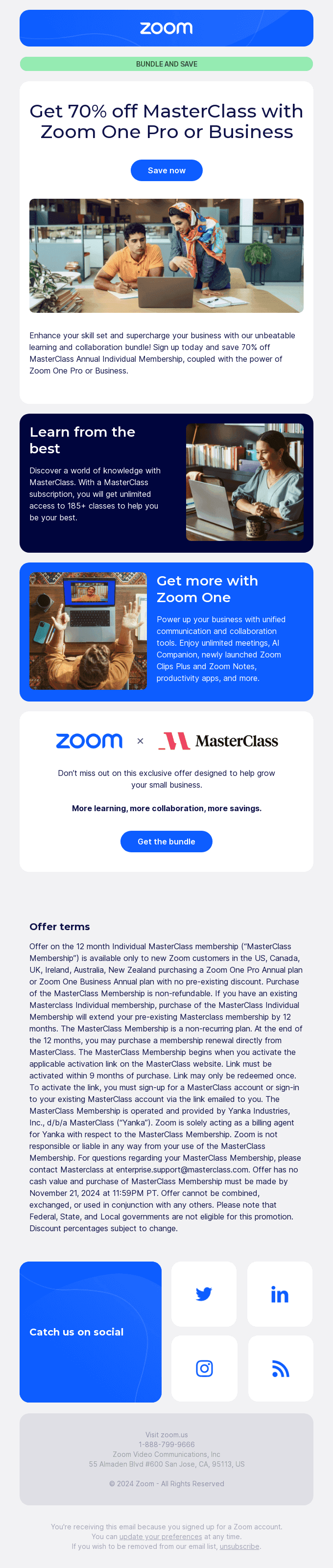 Bundle & Save: Get 70% off MasterClass with Zoom One Pro or Business.