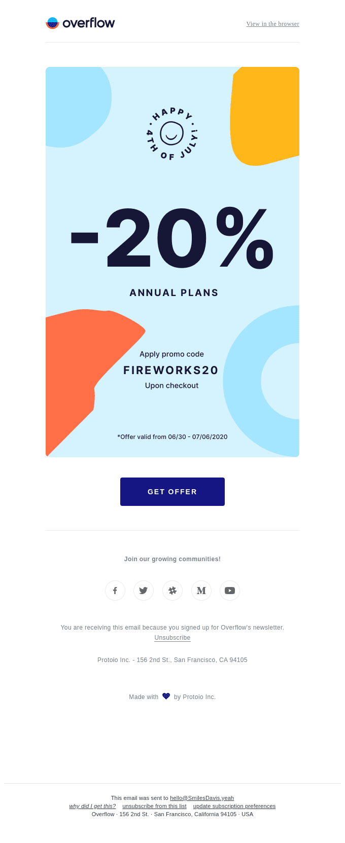 Celebrate the 4th of July early with 20% OFF on Overflow annual plans.