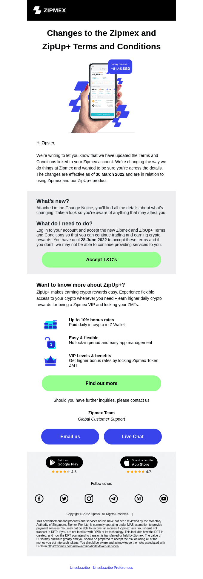 Changes to the Zipmex and ZipUp+ Terms and Conditions