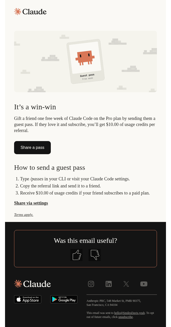 Reminder: Share your 3 Claude Code guest passes