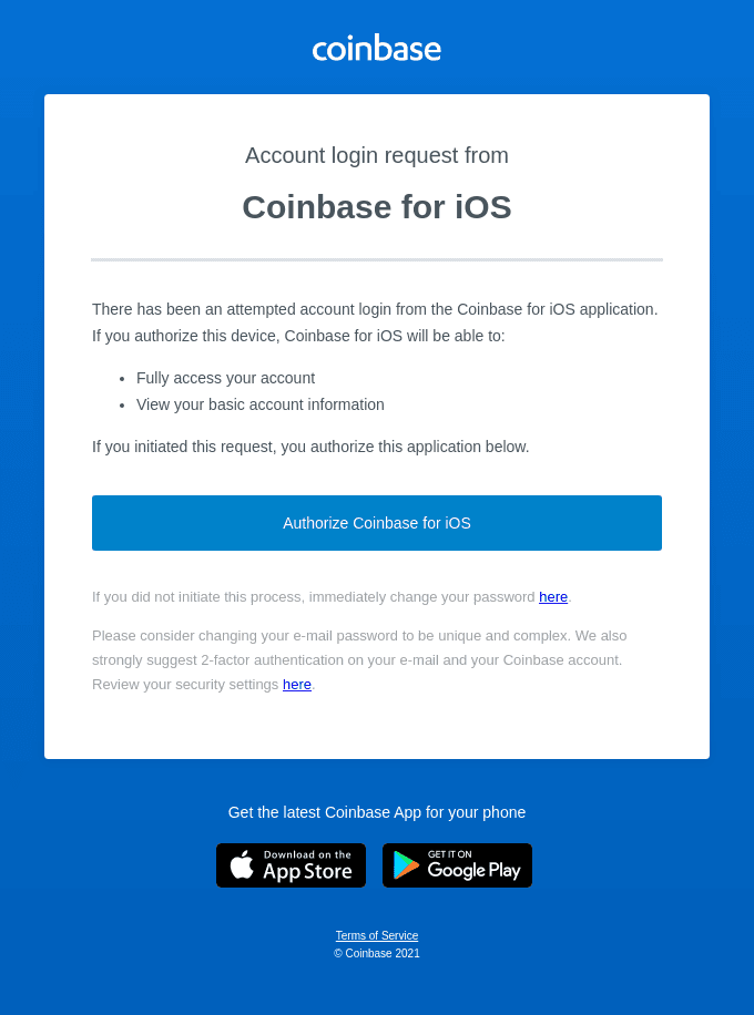 Coinbase for iOS is requesting access to your account
