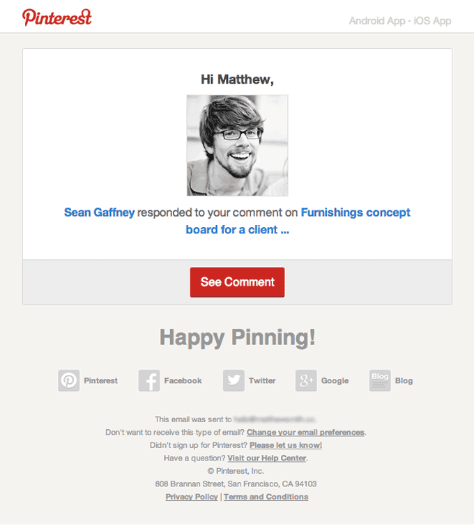 Comment Reply Transactional Email Design from Pinterest