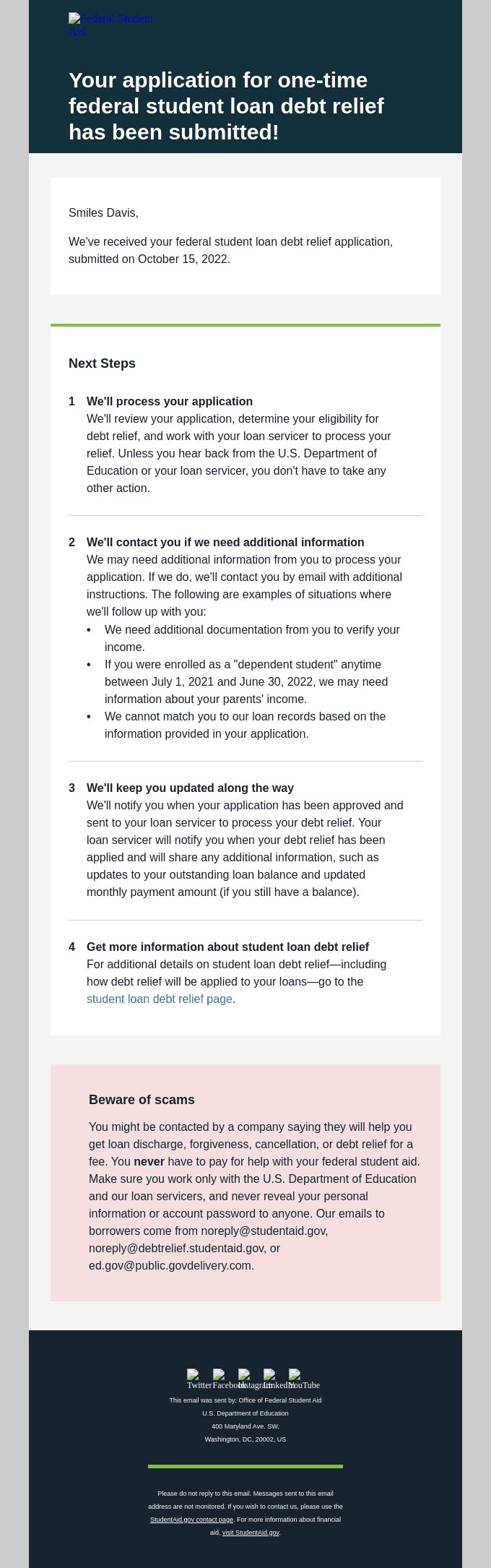 Confirmation of your federal student loan debt relief application