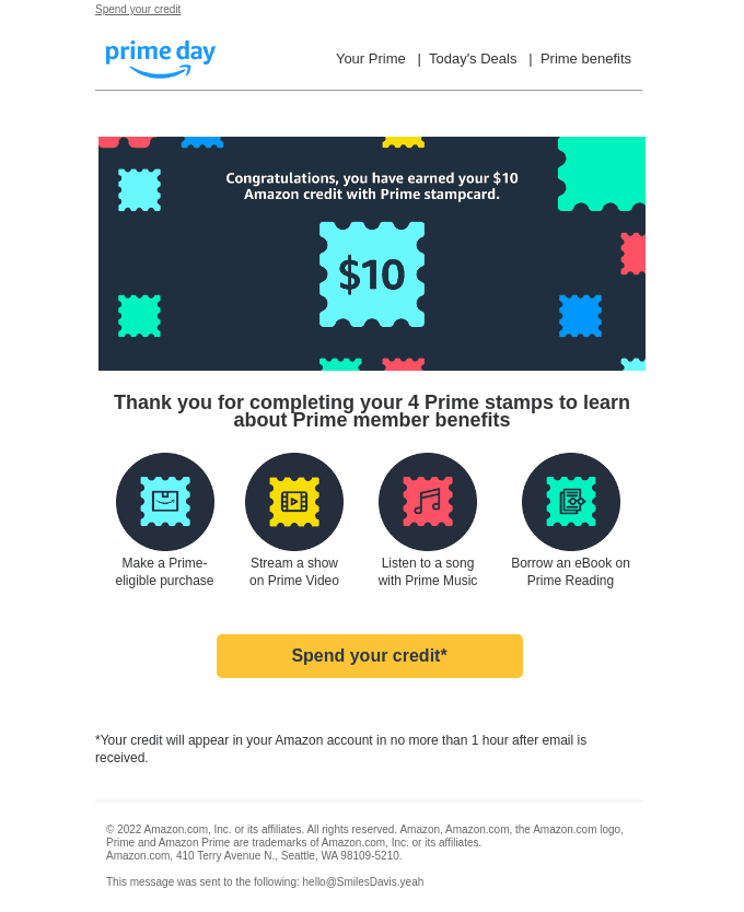 Congratulations, you have earned your $10 Amazon credit with Prime Stampcard.