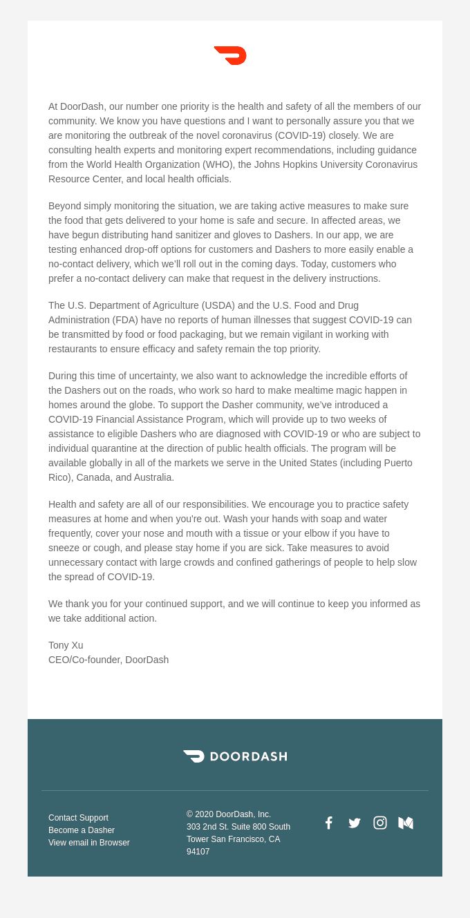 DoorDash Community Health and Safety Update