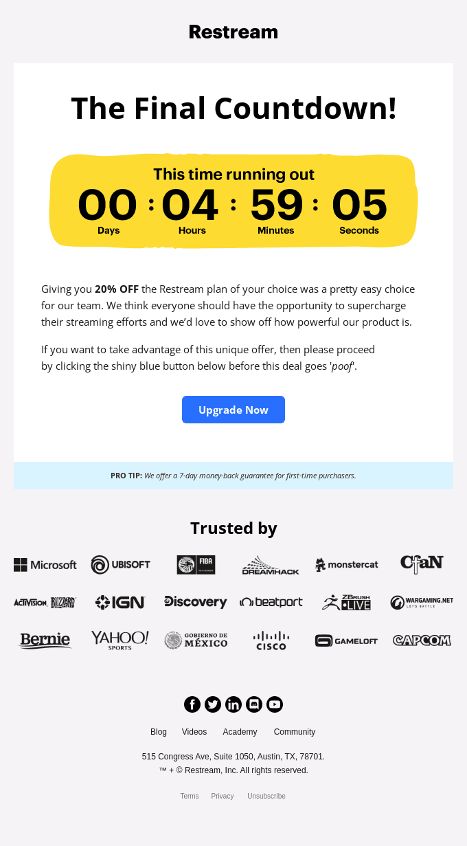 FINAL HOURS: Get 20% Off a Restream Upgrade