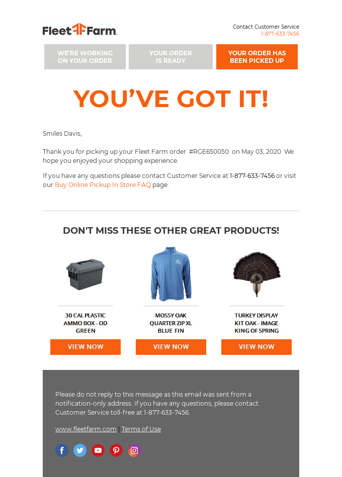 Fleet Farm order pickup confirmation