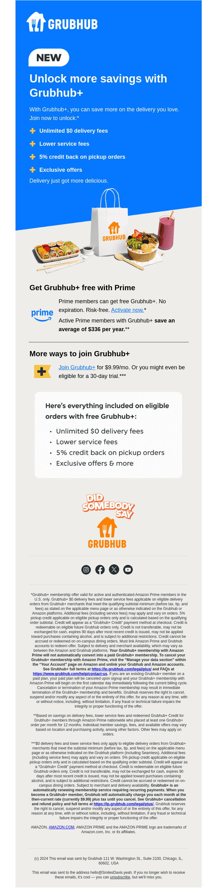 Free Grubhub+, if you have Amazon Prime