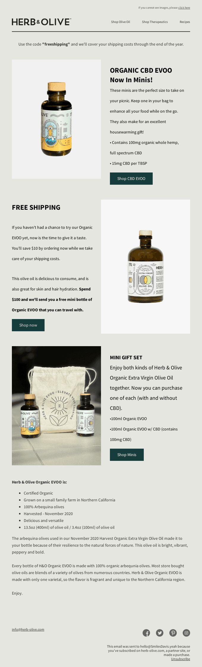 Free shipping + CBD EVOO minis + gifts