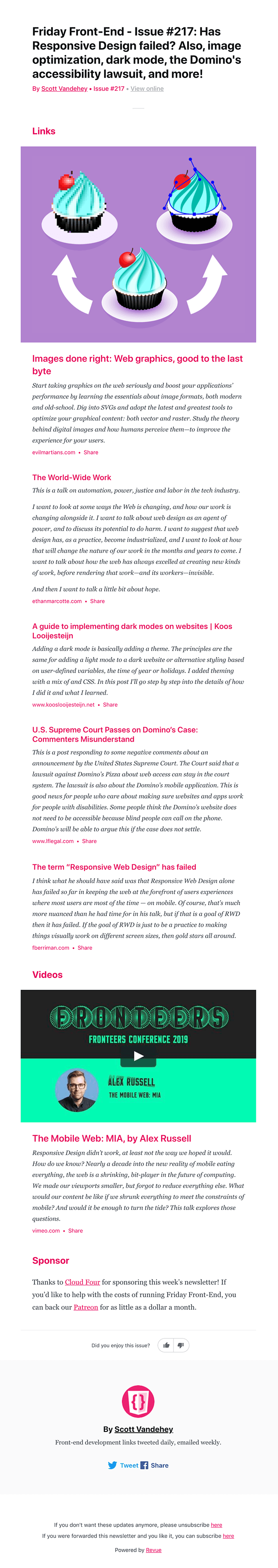Friday Front-End - Issue #217: Has Responsive Design failed? Also, image optimization, dark mode, the Domino's accessibility lawsuit, and more!