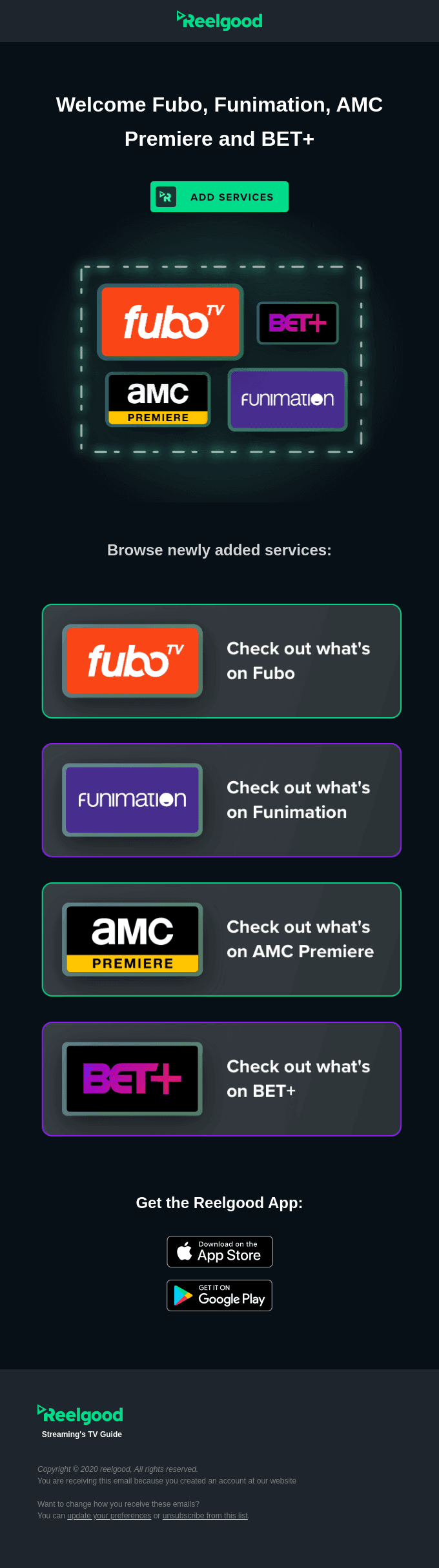 FuboTV, Funimation, AMC Premiere, & BET+ are here!