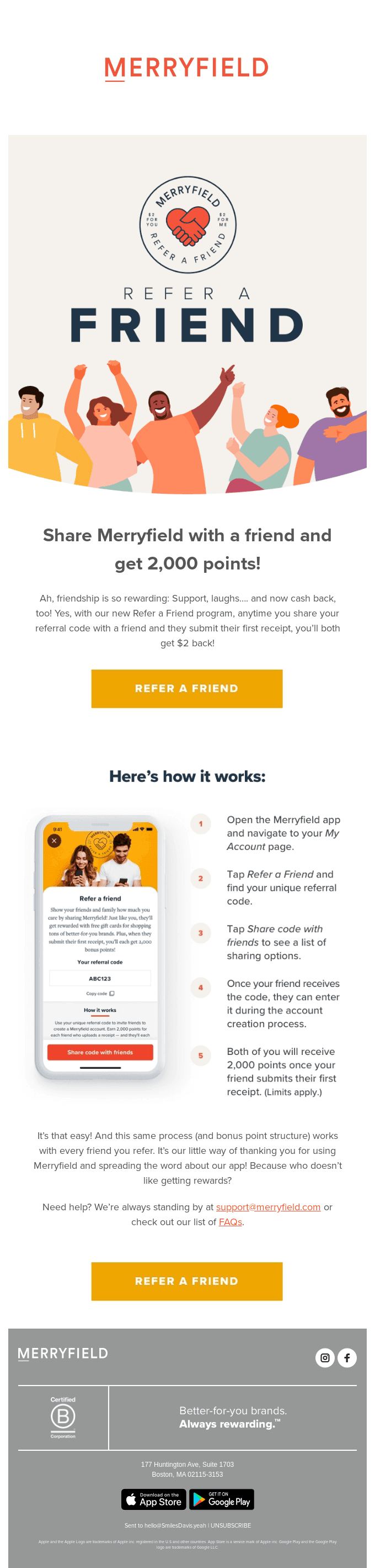 Get 2,000 points for every friend you refer to Merryfield!