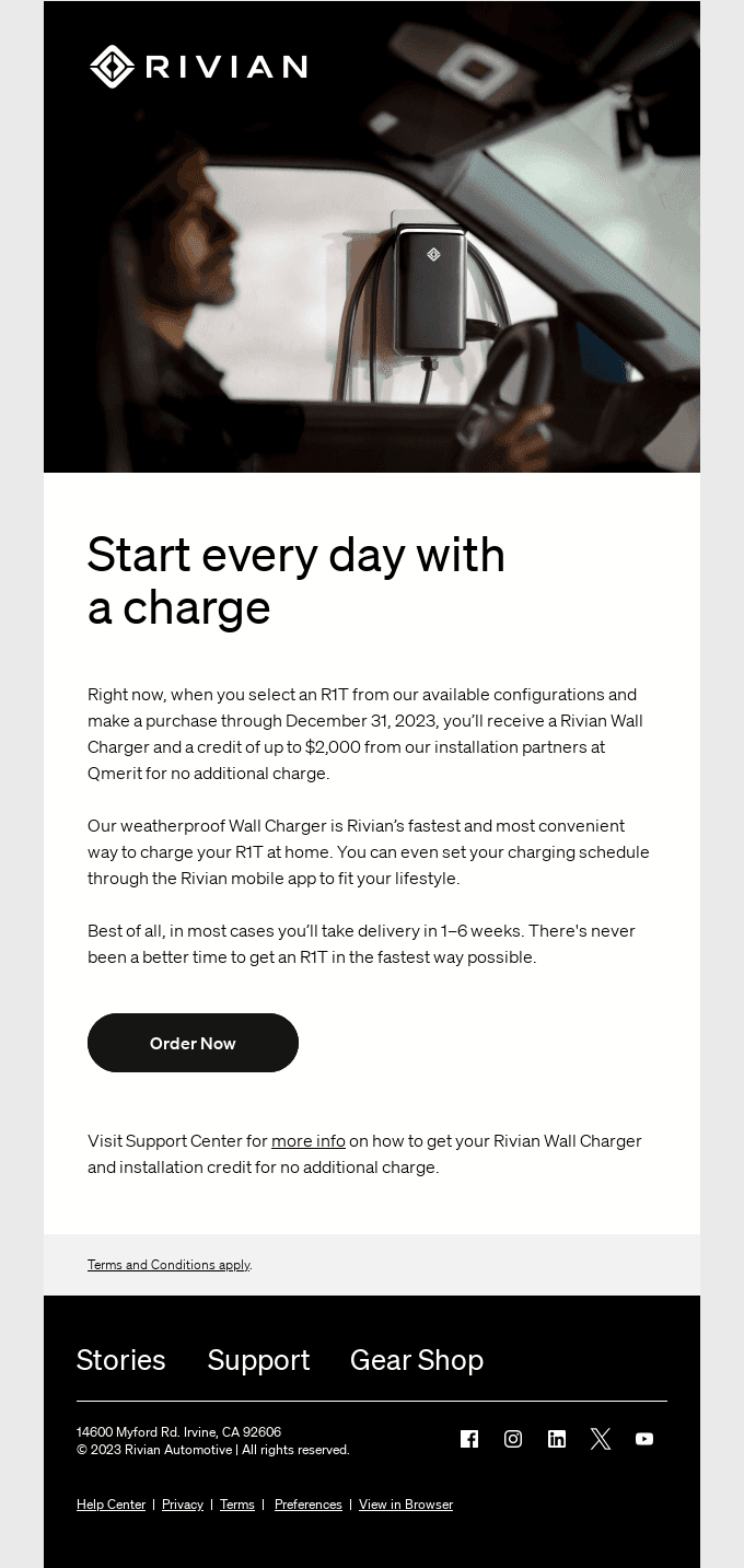 Get a Rivian Wall Charger plus installation credit at no additional charge