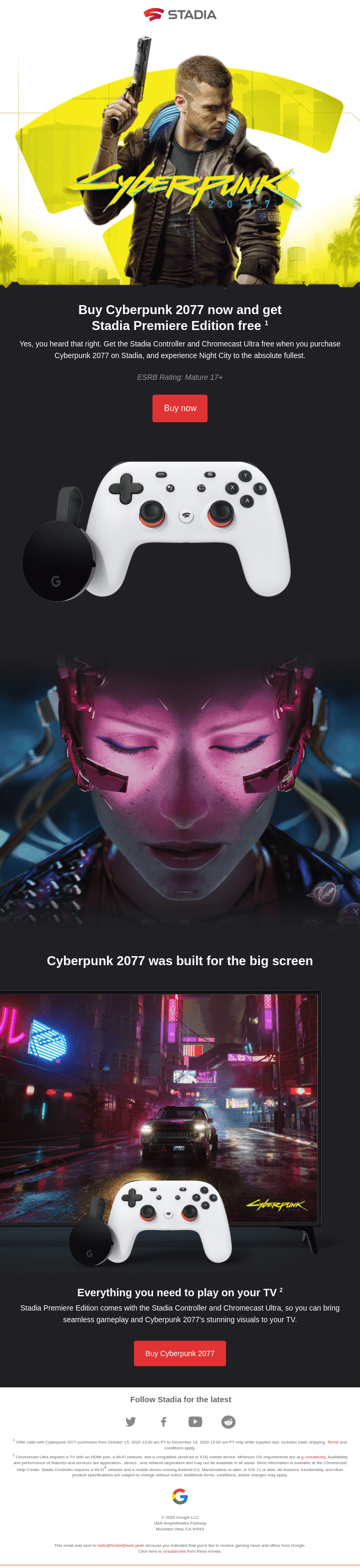 Get Stadia Premiere Edition free with Cyberpunk 2077