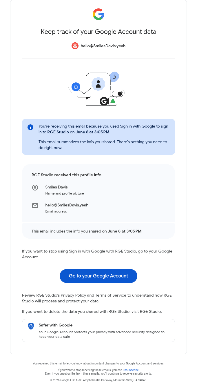 You shared some Google Account data with RGE Studio