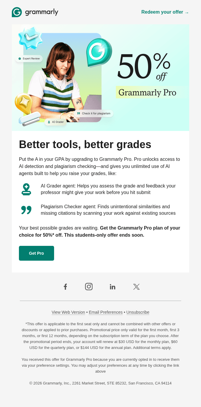 Better tools, better grades, 50% off Pro