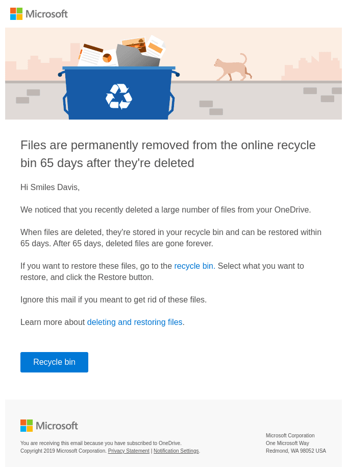 Heads up! We noticed that you recently deleted a large number of files from your OneDrive