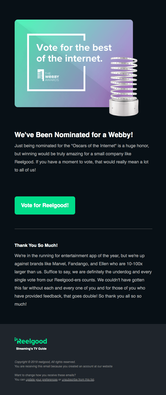 Help out the underdog! Vote 👏 for 👏 Reelgood 👏