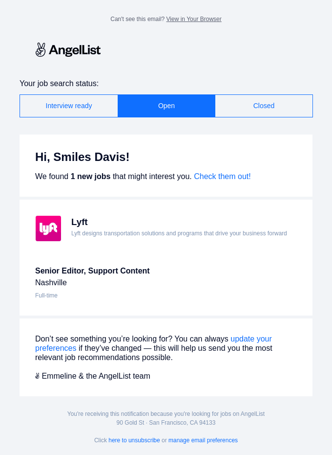 Here are 1 new jobs you'd be a great fit for