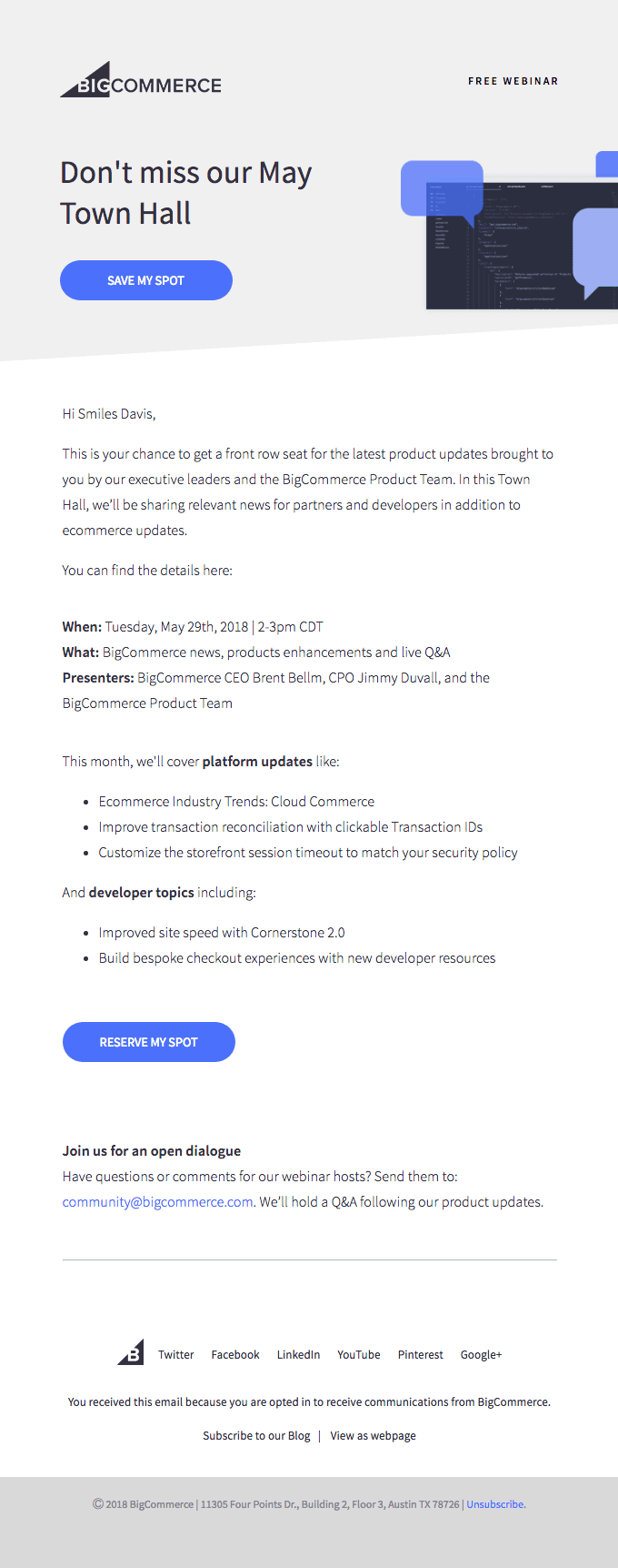 Hi Smiles Davis, join us for a look at upcoming updates to BigCommerce