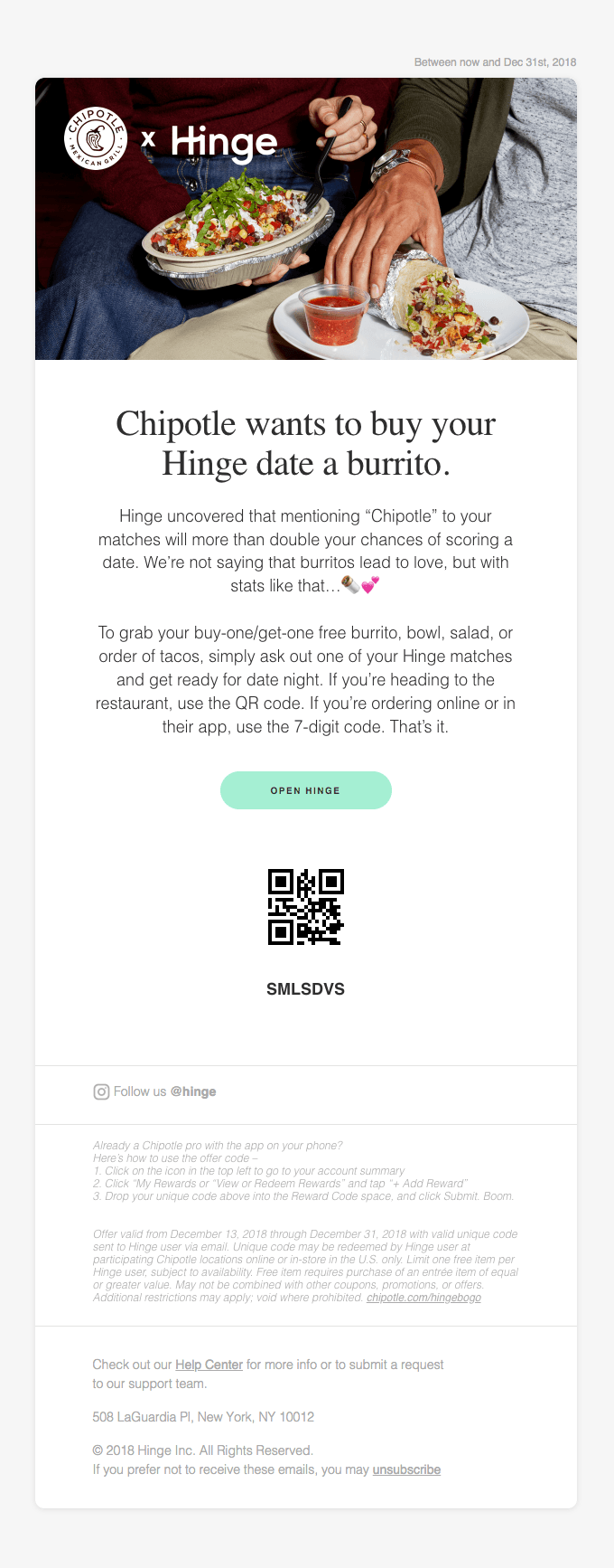 Hinge x Chipotle: Free burrito for your date