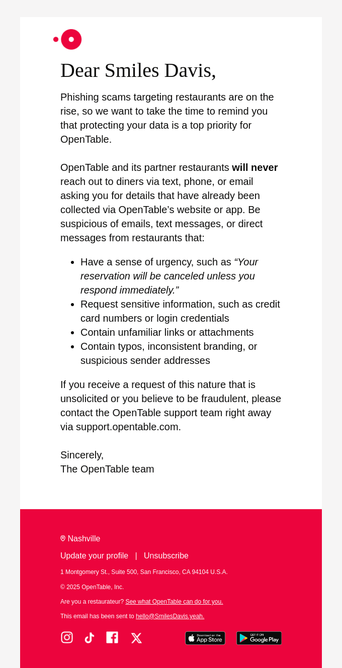 Important security reminder from OpenTable