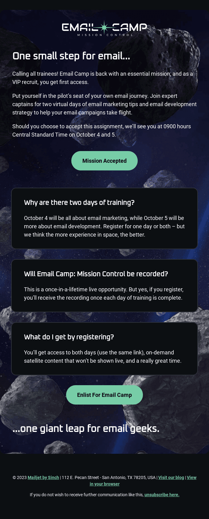 Incoming message from Email Camp: Mission Control