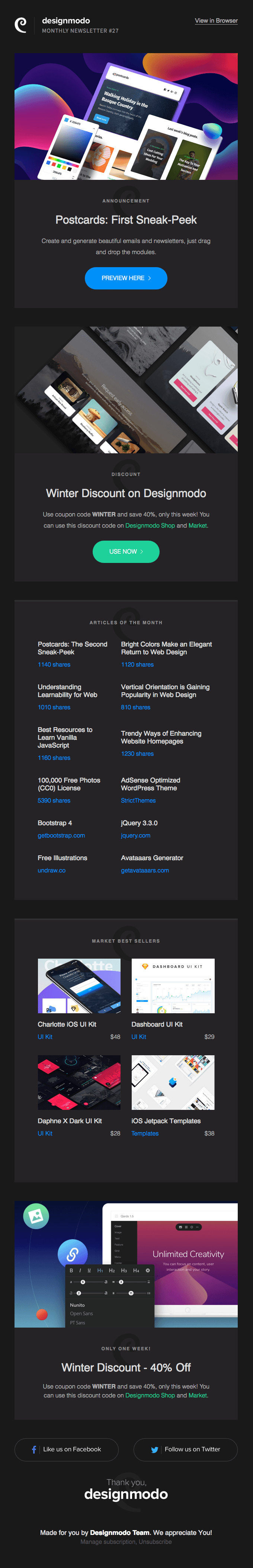 Issue #27: Postcards Sneak-Peeks, Winter Discount on Designmodo (-40%), Bootstrap 4, jQuery 3.3.0
