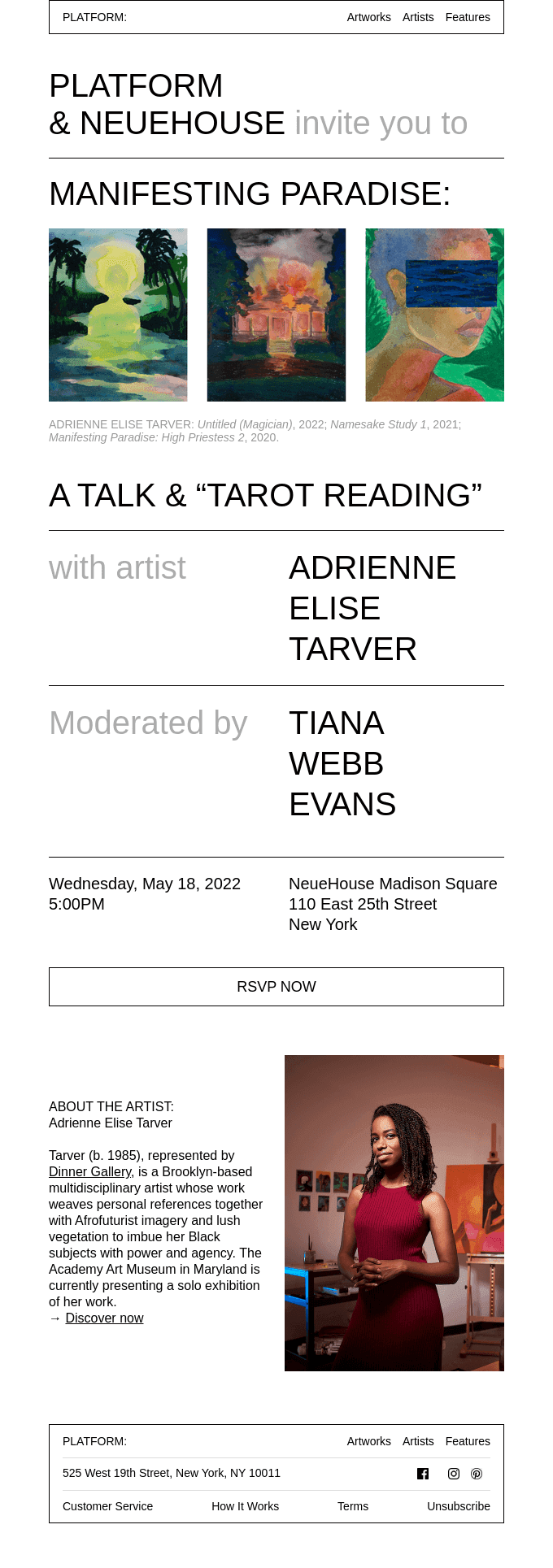 Join Platform & artist Adrienne Elise Tarver at NeueHouse next week