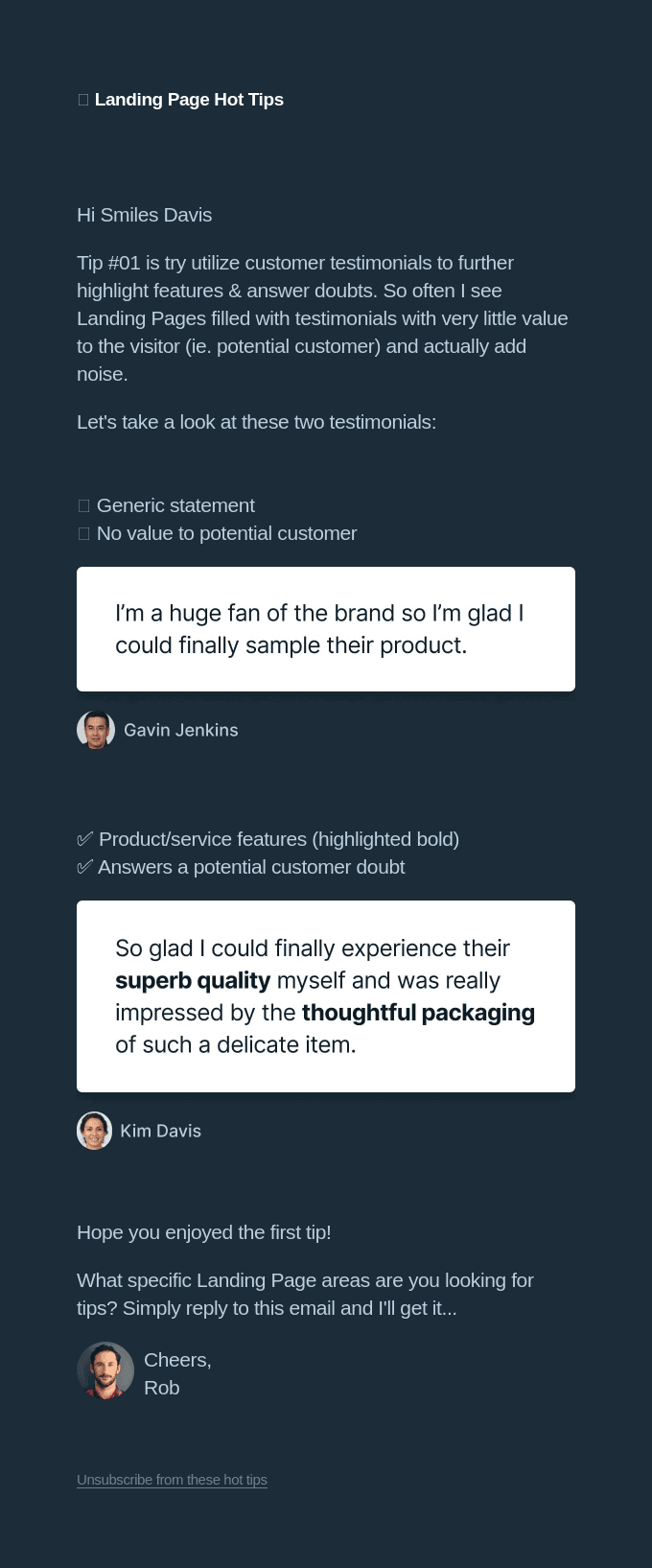 🔥Landing Page Hot Tip #01 - Utilize testimonials to further highlight features & answer doubts