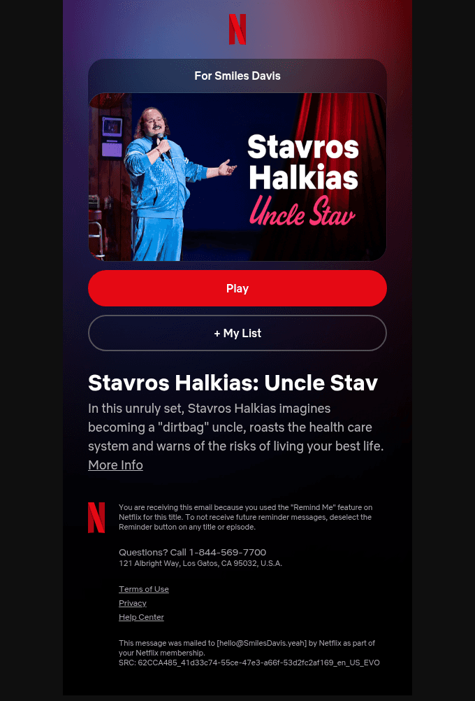 🔔 Reminder: Stavros Halkias: Uncle Stav is now on Netflix