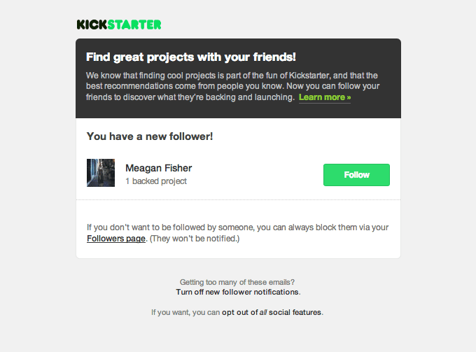 New Follower Social Email Design from Kickstarter