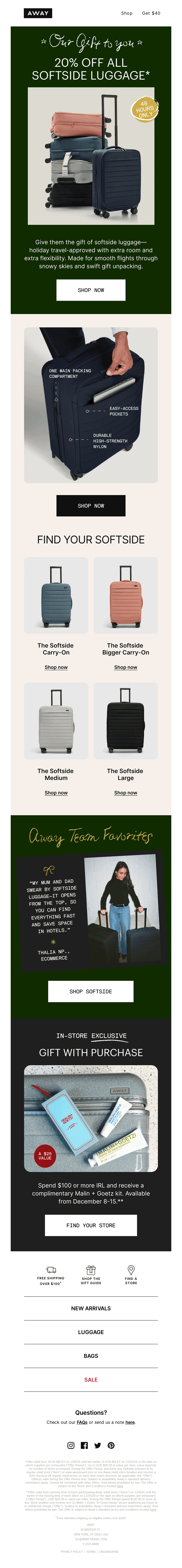 New gifts for you: 20% off all Softside luggage