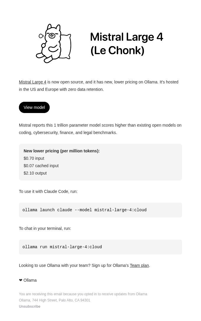 Mistral Large 4 is now open source, with lower pricing on Ollama