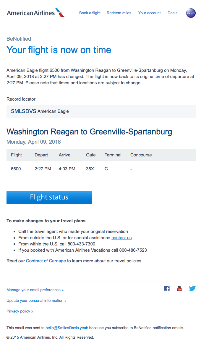 On-time flight impacting SMILES DAVIS – Record locator: SMLSDVS