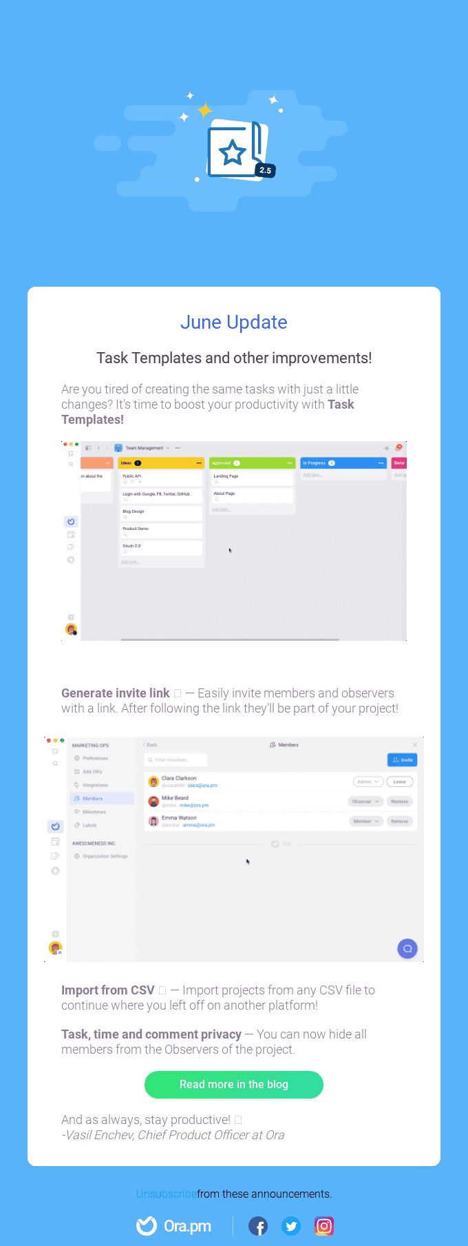 ✨Ora 2.5: Task templates, Import CSV, Invite Links …