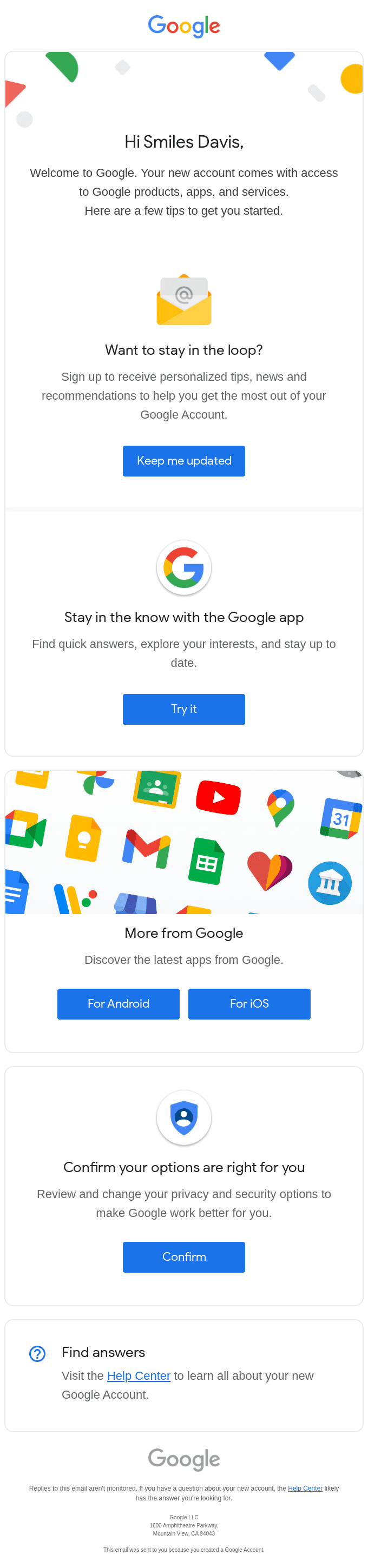 Smiles Davis, finish setting up your new Google Account