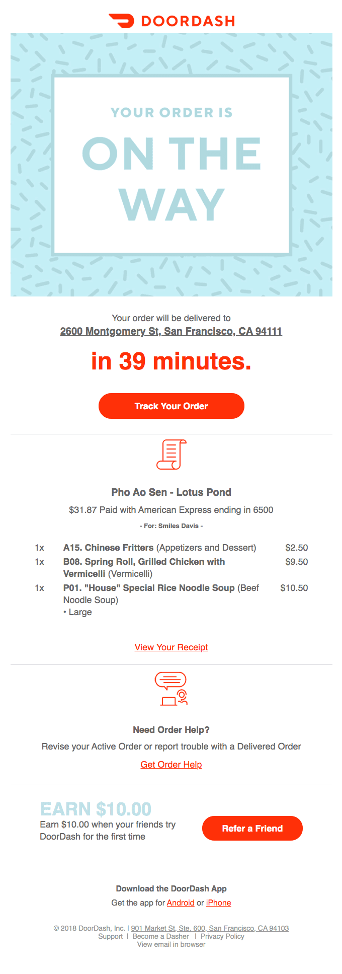 Order Confirmation for Smiles Davis from Pho Ao Sen - Lotus Pond