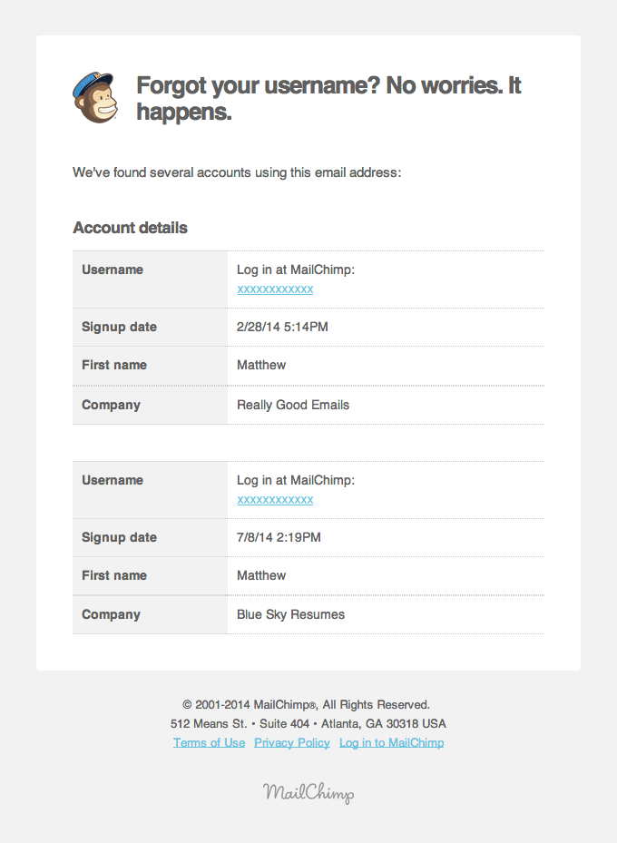 MailChimp Username Reminder