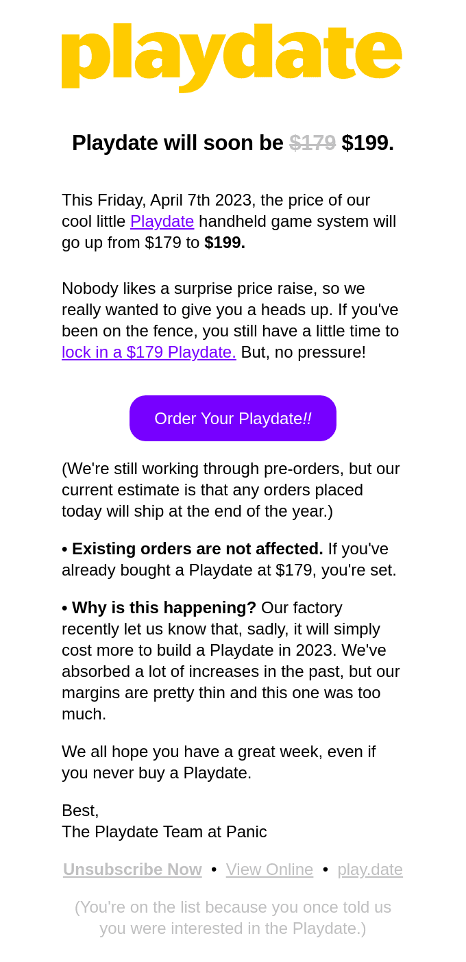 🟨 Playdate's price is about to go up a bit.