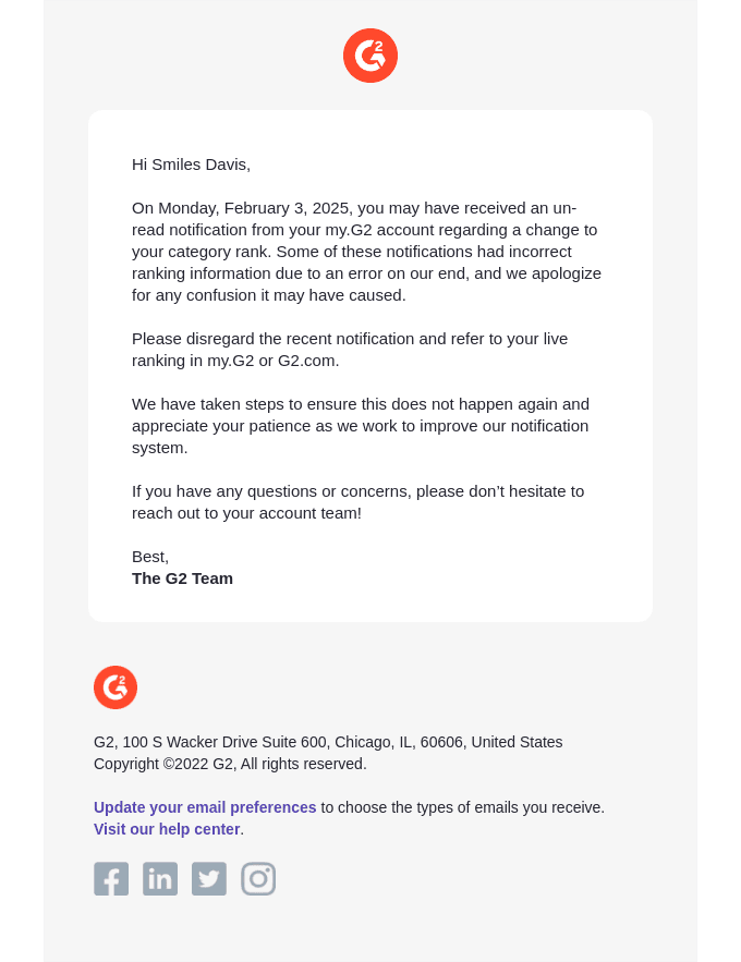 Please Disregard: Incorrect Ranking Notification