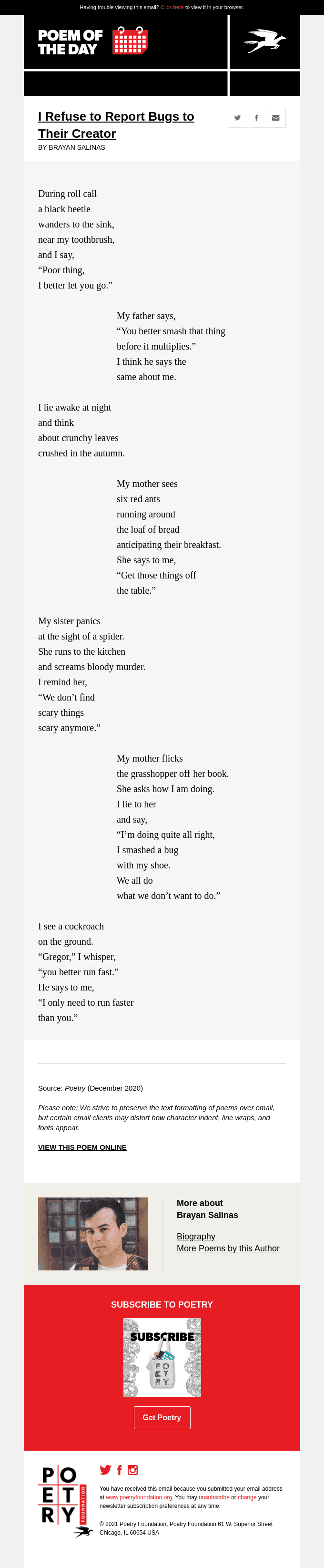 Poem of the Day: I Refuse to Report Bugs to Their Creator